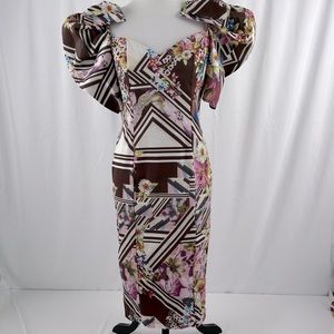 CQ BY CQ Mixed Media Floral Geo Dress with puff sleeves shoulder bows size Small